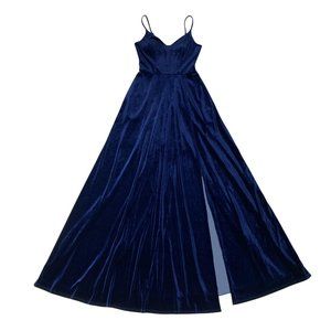 Blue Velvet Formal Gown Dress Maxi Full Length Wedding Thigh High Slit